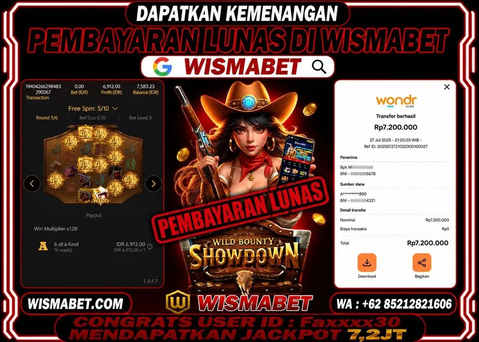Wismabet - BUKTI KEMENANGAN Wild Bounty Showdown Rp7,200,000,- LUNAS